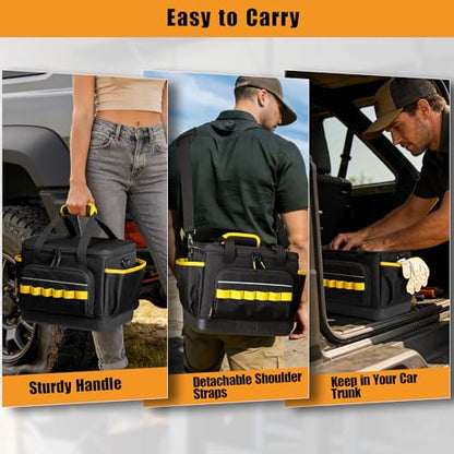 Rexmica Small Tool Bag, 12-Inch Tool Tote Bag with EVA Hard Bottom and Carrying Strap, Multi-functional Tool Storage Organizer for Electrician, Plumber, Mechanic, Automotive, Black-yellow