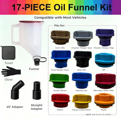 VCC 17-Piece No-Spill Oil Funnel Kit, 1.5QT Engine Oil Change & Refill Funnel with 12 Threaded Adapters, Leak-Proof Oil Filling Tool for Cars, Trucks, SUVs, Motorcycles & ATVs