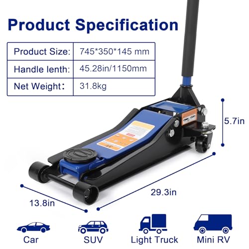 3 Ton Low Profile Hydraulic Floor Jack with Dual Pump System, Hydraulic Racing Floor Jack with 3"-19.5" Lifting Range & Safety Lock for Cars, Trucks, SUV, Blue