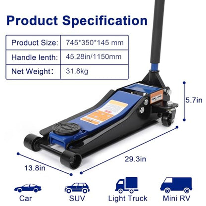 3 Ton Low Profile Hydraulic Floor Jack with Dual Pump System, Hydraulic Racing Floor Jack with 3"-19.5" Lifting Range & Safety Lock for Cars, Trucks, SUV, Blue