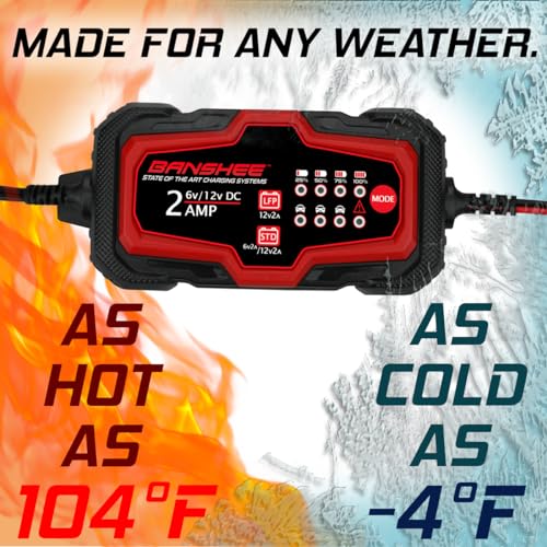 Banshee 12V/6V 2A Automatic Trickle Battery Charger Maintainer for Normal Lead Acid, Sealed, Leisure, AGM, Gel, Deep-Cycle or 12V-Lithium (LiFePO4) Batteries, with IP65 Waterproof