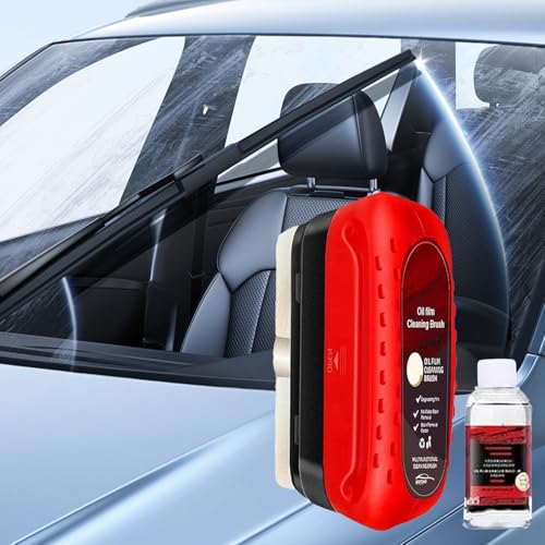 Automotive Oil Film Cleaning Brush for Glass Windshield & Windows – Upgrade 2.0 Kit with Cleaner & Refill, Anti-Rain & Anti-Fog Coating, Windshield Cleaner Tool for Clarity and Safer Driving (Red)