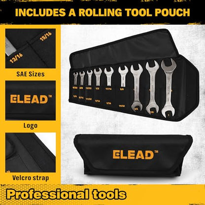 ELEAD 9-Piece Super-Thin Open End Wrench Set, SAE 1/4"-1-1/16", CR-V Nickel Plated, 3 mm Thickness Ultra-Slim Wrench Set for Tight Spaces, Durable Roll-Up Pouch for Mechanics - color: 9-piece Super-thin Sae Black