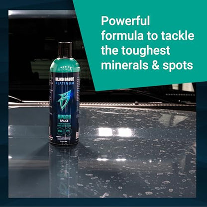 Bling Sauce Platinum Spots Sauce, Heavy-Duty Hard Water Spot Remover for Cars, Trucks, SUVs, 24oz. | Heavy duty mineral deposit remover clings to glass, chrome, paint and polished metal to dissolve hard water spots safely - style: Spots Sauce
