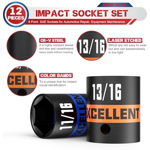 12 Pieces 3/8-Inch Drive Impact Socket Set, 5/16" to 1" Shallow Socket, 6 Point SAE Sockets for Automotive Repair, Equipment Maintenance - size: 3/8 Inch SAE