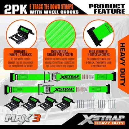 XSTRAP STANDARD 2-PK Wheel Chock E-Track Tie Down Straps Kit, 2"x9FT, Green | 4,400lb Break Strength Over-The-Tire Ratchet Straps with Steel Wheel Chocks for ATV, UTV, Lawn Mower, Trailer Hauling - size: Green-2PK-9FT