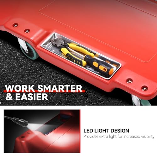Auto Dynasty 40 Inches Mechanic Creeper, Automotive Garage Repair Low Profile Under Car Rolling Creeper with LED Light and Padded Headrest, Plastic, Red - color: Red, size: 40" L (w/LED Light)