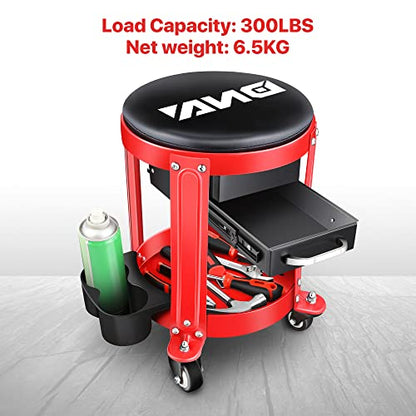 DNA Motoring TOOLS-00197 Round Mechanics Roller Seat Creeper Stool With Padded Cushion, Tool Storage Drawer & Tray, 300 Lbs Max Weight Capacity - color: Red / Black