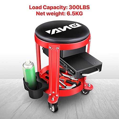 DNA Motoring TOOLS-00197 Round Mechanics Roller Seat Creeper Stool With Padded Cushion, Tool Storage Drawer & Tray, 300 Lbs Max Weight Capacity - color: Red / Black