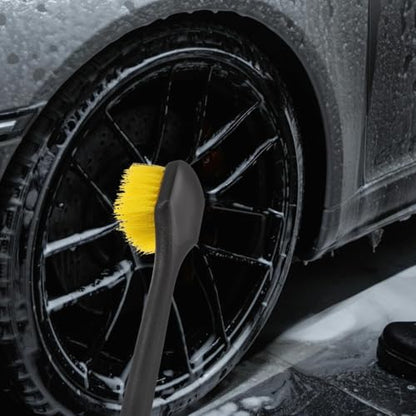Long Handle Car Tire Brush with Heavy Duty Stiff Bristles for Wheel and Rim Cleaning Ergonomic Grip Car Wash Detailing Tool