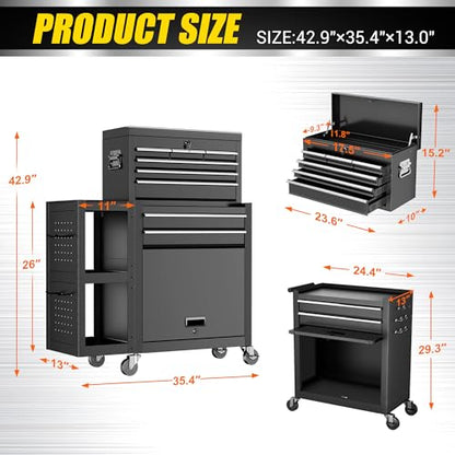 8 Drawer Tool Chest with Wheels, Exclusive 3-In-1 Tool Box Combo with Removable 4-Tire Utility Cart, Locking Mechanic Tool Cart with Liner for Warehouse, Workshop, 35”W x 13”D x 43”H -2026 New Upgrade