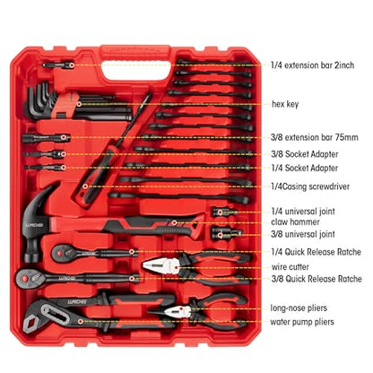 LLNDEI 151 Piece Ratchet Wrench Tool Set 1/4" 3/8" Drive with SAE and Metric 6 Point Sockets Set, Mechanic Tool Kit with Bits, Combination Wrench universal joint adapter. - color: 151 Pcs 1/4" 3/8" Drive Sockets Set 6 Point