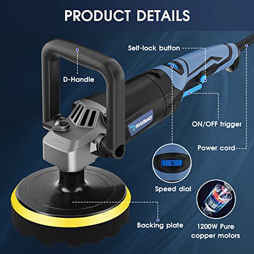 Buffer Polisher, 1200W Rotary Polisher with 6/7inch Plate for Car Detailing | Car Buffers and Polishers Kit with Speed 1600-3500RPM, 2 Handle, Polishing kit for Car Boat Polihshing/Waxing/Scratch Removal