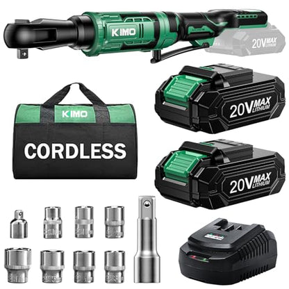 KIMO 20V Cordless Ratchet Wrench 1/2" Set, 74 Ft-lbs 400 RPM Electric Ratchet Wrench, Battery Powered Ratchet with 7 Sockets, 3" Extension Bar, 3/8" Adapter, 2-Pack Lithium-Ion Batteries, Fast Charger