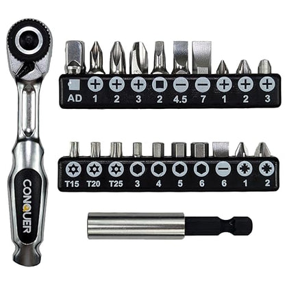 CONQUER 22pc Mini Ratchet Screwdriver Set, 1/4" Right Angle Phillips Kit | 72-tooth gear, 5° swing, 48 ft-lbs torque, Cr-V/S2 steel, spin disk, quick-release bits, EVA tray, EDC tight-space tool - style: 22 PC Mini Ratchet set