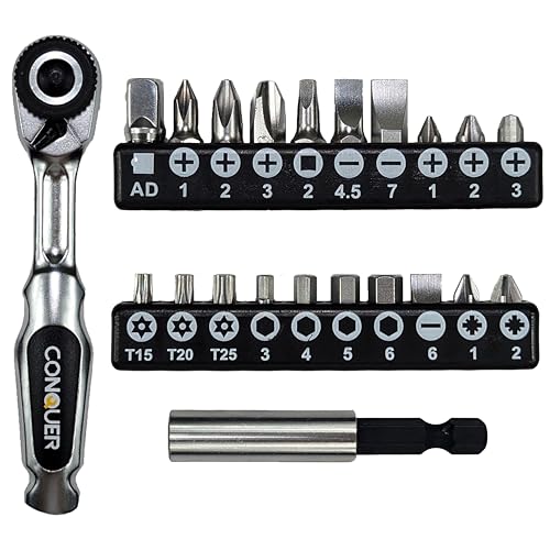 CONQUER 22pc Mini Ratchet Screwdriver Set, 1/4" Right Angle Phillips Kit | 72-tooth gear, 5° swing, 48 ft-lbs torque, Cr-V/S2 steel, spin disk, quick-release bits, EVA tray, EDC tight-space tool - style: 22 PC Mini Ratchet set