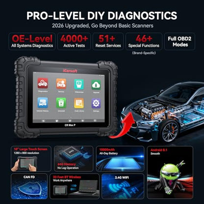iCarsoft CR MAX P Bidirectional Scan Tools 10-inch Full Systems Diagnostic Tool Up to 50 Services All Active Test OBD2 Scanner ECU Coding AutoVIN CAN FD/DoIP Lifetime Free Update for 10000+ Cars