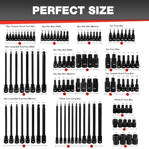 EACELIY 107PCS Bit Socket Set,1/4”,3/8 & 1/2” Drive Bit Socket Set,Torx/Extra Long/Tamper Proof/Hex/Ball End Hex,S2 Alloy Steel & CR-V,SAE&Metric - size: 107PCS