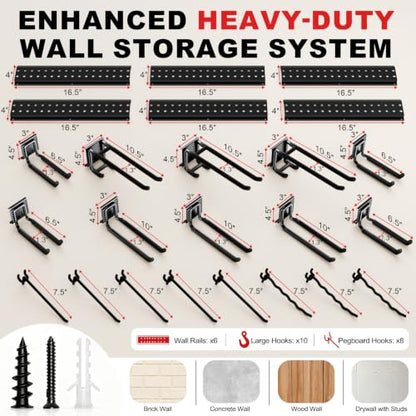 Garage Tool Organizer Wall Mount 99 inches with 18 Adjustable Heavy-Duty Hooks, Garage Organization, Garden Tool Storage Rack, Yard, and Shed, Holds Up to 750 lbs - size: 99" | 6 Panels + 18 Hooks