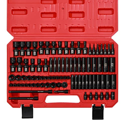 MIXPOWER 86PCS 1/4" Drive Master Impact Socket Set, Universal/Deep/Standard/Torx/Inverted Torx Socket, Impact Grade, Metric&SAE, 6 Point - size: 1/4" Drive
