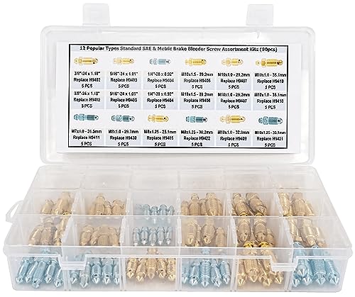 12-Type Brake Bleeder Screws - Bleeder Valve Kit, Fit for Ford, Dodge, Chrysler, Toyota - 90-Piece SAE & Metric Bleeding Screws