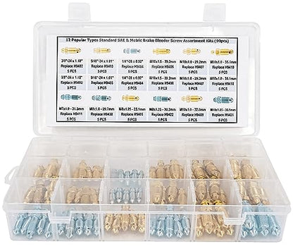 12-Type Brake Bleeder Screws - Bleeder Valve Kit, Fit for Ford, Dodge, Chrysler, Toyota - 90-Piece SAE & Metric Bleeding Screws