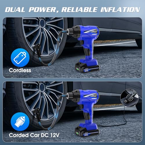 CARSUN Tire Inflator Portable Air Compressor, 150PSI Cordless Tire Pump with DC 12V/Battery Dual Power Supplies, Portable Handheld Air Pump, Digital Pressure Gauge for Car Tires, Bicycles, Balls, Blue
