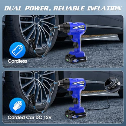 CARSUN Tire Inflator Portable Air Compressor, 150PSI Cordless Tire Pump with DC 12V/Battery Dual Power Supplies, Portable Handheld Air Pump, Digital Pressure Gauge for Car Tires, Bicycles, Balls, Blue