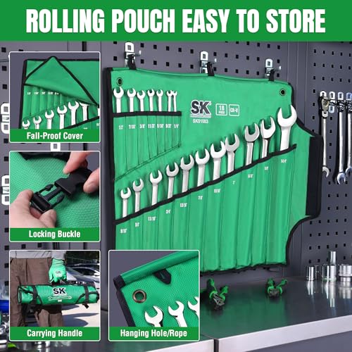 SK Combination Wrench Set, SAE 1/4" to 1-1/4", 18-Piece, SuperKrome Finish, Premium CR-V Construction, with Rolling Pouch - size: SAE 1/4" to 1-1/4"