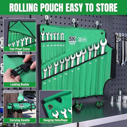 SK Combination Wrench Set, SAE 1/4" to 1-1/4", 18-Piece, SuperKrome Finish, Premium CR-V Construction, with Rolling Pouch - size: SAE 1/4" to 1-1/4"