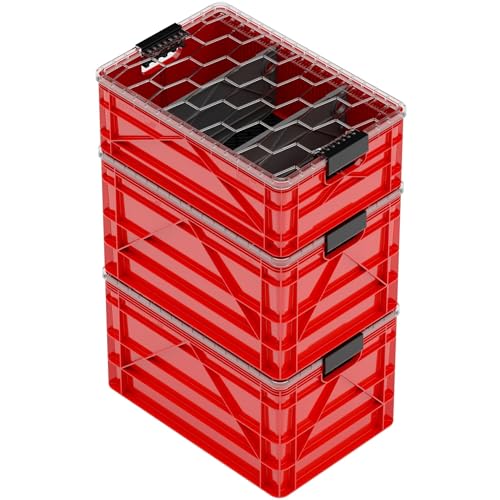 SIDIO Pro Pack, HD Stackable Storage Bins with Lids & Dividers, Red | Includes 2 full-size & 1 half-size crates, lids & dividers, durable organizer for home, garage & outdoor use, USA made - color: Red