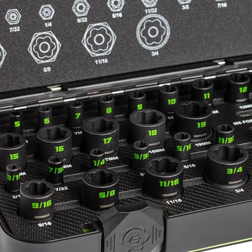 GripEdge | 32-PC 1/4" & 3/8" Drive Metric & SAE Master Socket Extractor Set| Includes sizes - 4-19mm & 3/16-3/4" | Includes Premium Plastic Case With Foam Insert |