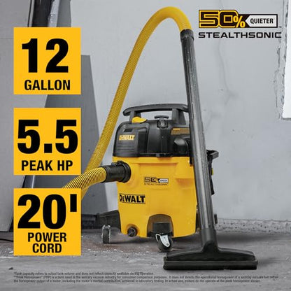 DEWALT 12 Gallon STEALTHSONIC Ultra Quiet Poly Wet Dry Vacuum, DXV12P-QTA Powerful Suction Noise Reduction Vac, 5.5 Peak HP Shop Vacuum for Jobsite/Workshop, Reduce Motor Noise, Yellow - size: 12Gallon-QTA