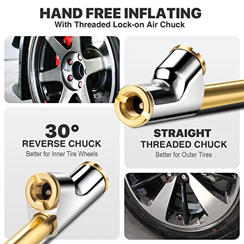 LUMITECO 12" Extended Reach Dual Head Air Chuck, 2-Way Connection 1/4" FNPT Straight Foot Lock On Tire Inflate Chuck, Tire Chuck w/Quick Plug, Air Compressor Fill Kit for Truck RV Semi Dually Tires - size: 12'' - With Handle