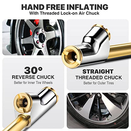 LUMITECO 12" Extended Reach Dual Head Air Chuck, 2-Way Connection 1/4" FNPT Straight Foot Lock On Tire Inflate Chuck, Tire Chuck w/Quick Plug, Air Compressor Fill Kit for Truck RV Semi Dually Tires - size: 12'' - With Handle