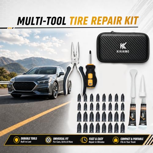 Tire Repair Screws Kit, Screw in Tire Plugs for Emergency Puncture Repair, Rubber Nail Screw in Tire Plug Kit with Pliers, Screwdriver & Rubber Cement for Tubeless Tires