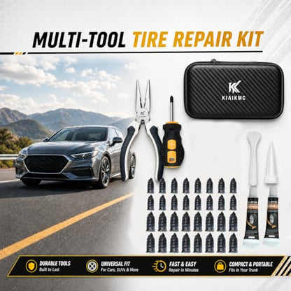 Tire Repair Screws Kit, Screw in Tire Plugs for Emergency Puncture Repair, Rubber Nail Screw in Tire Plug Kit with Pliers, Screwdriver & Rubber Cement for Tubeless Tires