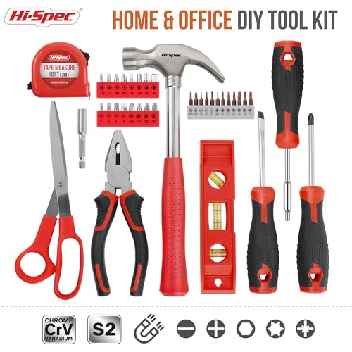 Hi-Spec Household Starter Tool Kit with Compact Carry Toolbox, Red | 38pc, everyday fixes made easier, organized portable storage, beginner-friendly selection, apartment and office tasks, tidy - color: Red