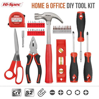 Hi-Spec Household Starter Tool Kit with Compact Carry Toolbox, Red | 38pc, everyday fixes made easier, organized portable storage, beginner-friendly selection, apartment and office tasks, tidy - color: Red