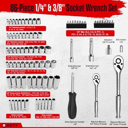 WETT 1/4" and 3/8" Drive Socket Set, 86-Piece Socket Wrench Set with Quick-Release Ratchet, Extention Bar, Adapter, 1/4" Bits, CR-V Steel, Metric/SAE, Deep/Shallow, Mirror Chrome Finish - size: 86pcs 1/4" & 3/8" (SAE/Metric, Deep/Shallow)
