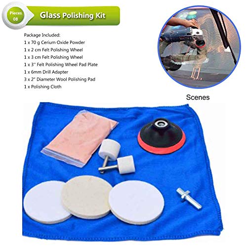 9pcs/Set Glass Polishing Kit,Deep Scratch Remover with Towel Car Polish Pad 70g Cerium Oxide Powder Felt Polishing Wheel Set for Windscreen and Glass