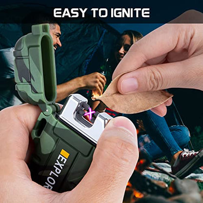 LcFun Electric Dual Arc Lighter USB Rechargeable Outdoor Windproof Flameless Plasma Lighters for Camping, Hiking, Waterproof Matches Survival Tactical Gear Fathers Day Dad Gifts Birthday Gifts for Men - color: Camouflage