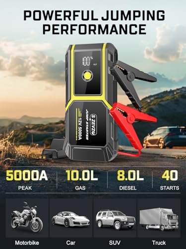 S ZEVZO H021 Car Jump Starter, Peak 5000A Jump Starter Battery Pack for Up to 10.0L Gas and 8.0L Diesel Engines, 12V Portable Jump Box with LCD Display, 3 Modes Flashlight and Protective Carrying Case