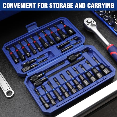 WORKPRO 27 PCS Magnetic Nut Driver Set, Impact Drill Driver Bit 1/4" Hex Shank, SAE & Metric Cr-V Steel Power Nut Drivers with Quick-release Extensions, Impact Socket Adapters, Bit Holder and Toolbox - size: 27PCS Magnetic Nut Driver Set