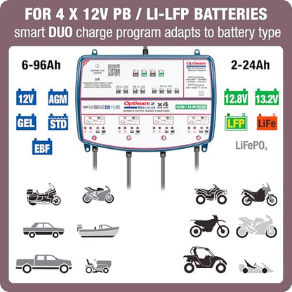 Tecmate Optimate 2 Duo x 4 Bank, TM-575, Bronze Series: 5-Step 4X 12V / 12.8V 2A Sealed Battery Charger & maintainer,Blue - size: OptiMATE 2 DUO x 4 BANK, 12V / 12.8V 2A