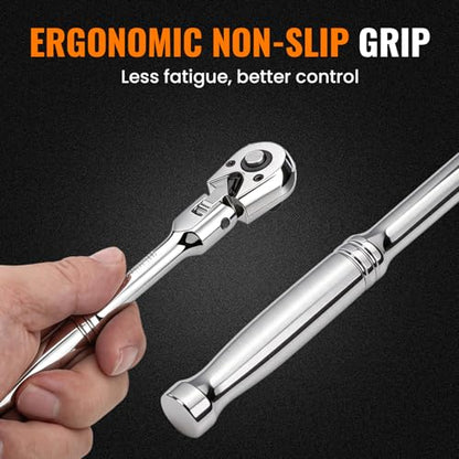 Flex Head 1/4" Drive Ratchet Wrench, 90T Compact Ratchet, Quick-Release Reversible with Cr-Mo Head and 6" Extension Bar for Tight Spaces & Precision Work - size: 1/4"