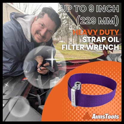 Purple Adjustable Nylon Strap Oil Filter Wrench, Up to 9 Inch | Heavy Duty Adjustable Band, Purple Finish, Tight Area Access, Secure Grip Texture, Diesel Truck, Auto and Garage Repair Use - size: Up to 9"(229mm) - Purple
