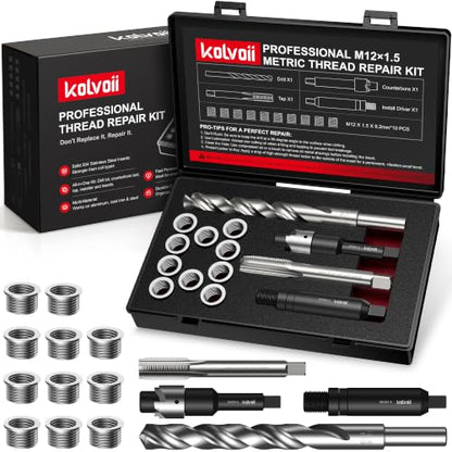Kolvoii M12 X 1.5 Metric Thread Repair Kit with HSS Drill Bit, Tap, Counterbore and Installation Tool, 10 Solid 304 Stainless Steel Thread Inserts, 9.2mm Length, for Automotive and DIY Repairs - size: M12x1.5x9.2mm
