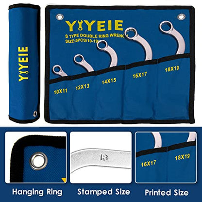 YIYEIE Offset S-Style Box End Wrench Set, 5-Piece, Chrome Vanadium Steel, 10x11mm, 12x13mm, 14x15mm, 16x17mm, 18x19mm - size: S Style Set Metric