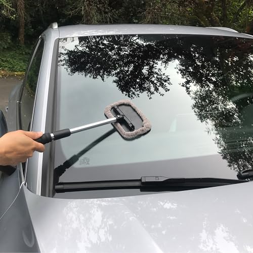 POLYTE Pivoting Windshield Glass Cleaning Tool Extendable Aluminum Handle | 3-Lint Free Microfiber Covers, Spray Bottle, Mesh Bag